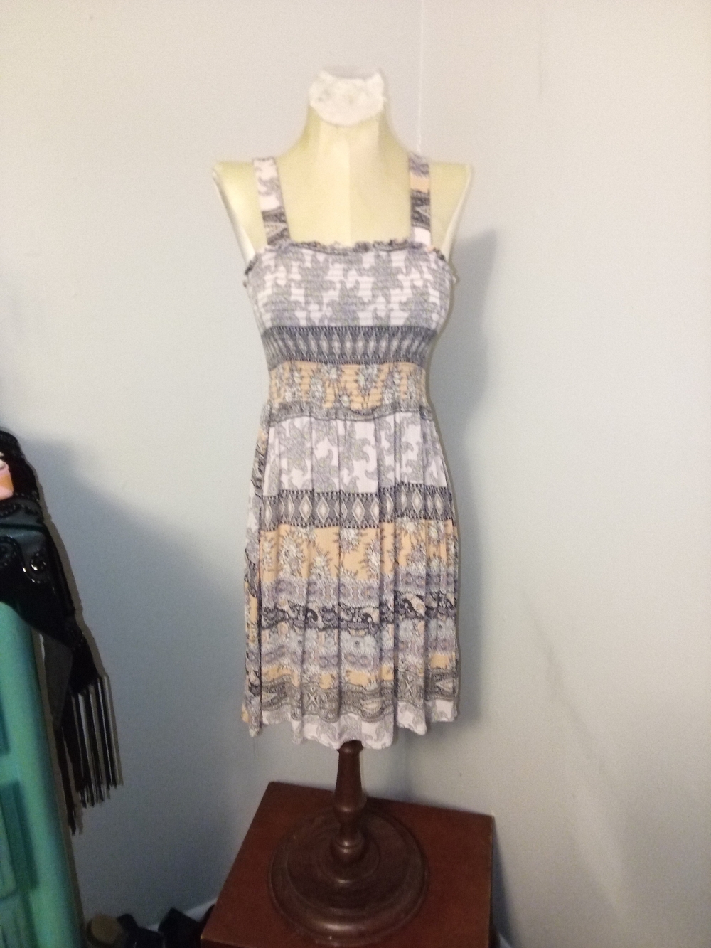 art class Printed Smocked Mini Dress in White, Gray & Beige